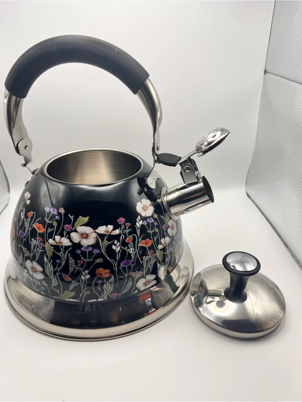 NIB Tinlon 3L Floral Enamel Tea Kettle Vintage Flowers Whistling Stovetop Teapot